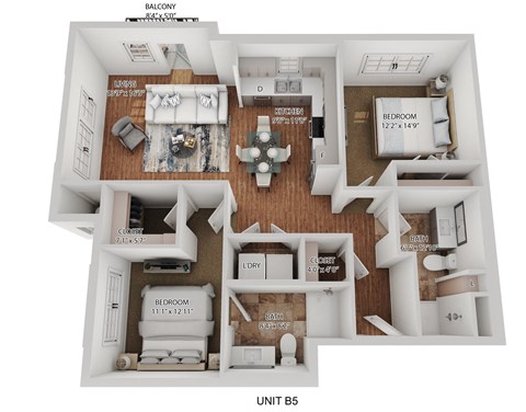 Floor plan for 2 beds, 2 baths, 1105 sqft