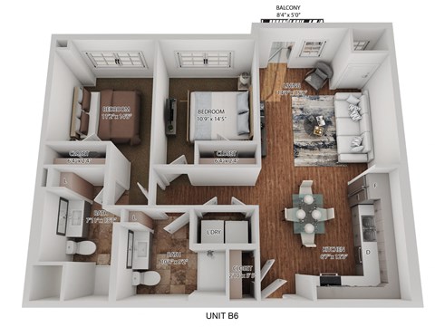 Floor plan for 2 beds, 2 baths, 1031 sqft