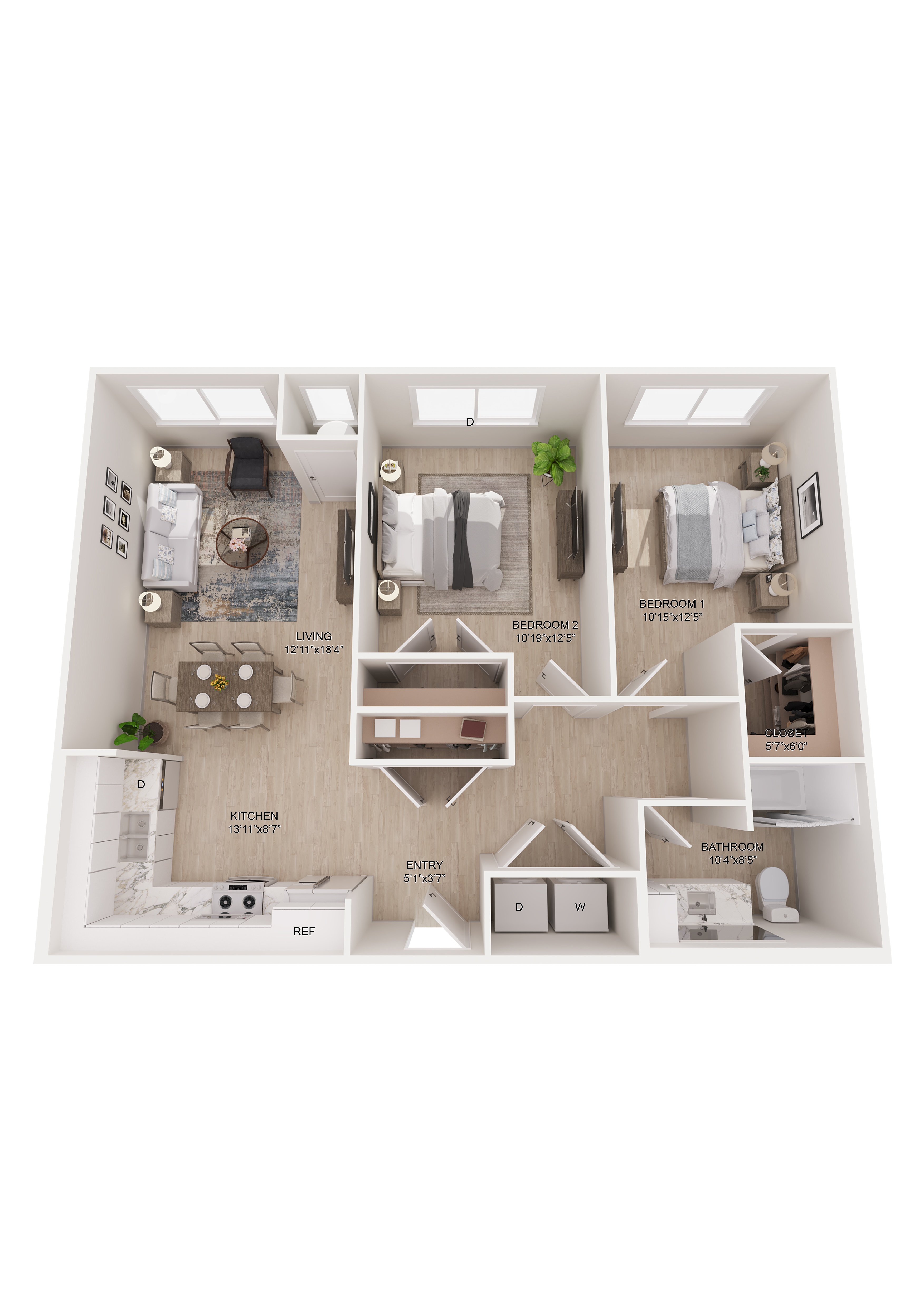 Floor plan for 2 beds, 1 bath, 994 sqft