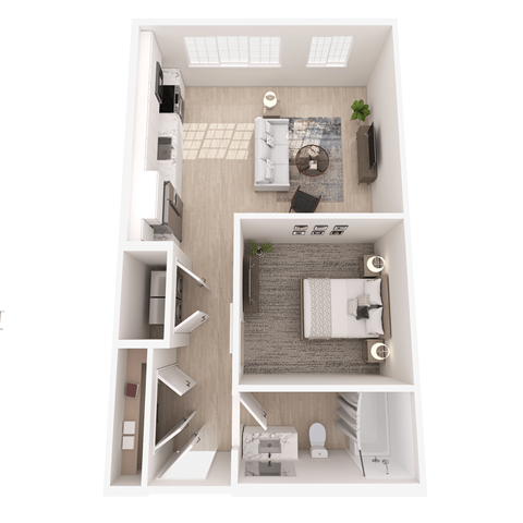 Floor plan for studio, 1 bath, 666 sqft