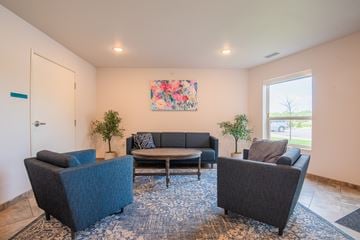 Mankato apartment for rent - A living room with a blue rug and a painting on the wall.