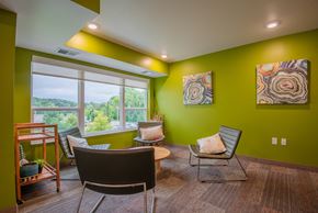 Newport apartment for rent - A room with green walls and a large window with a view of trees.