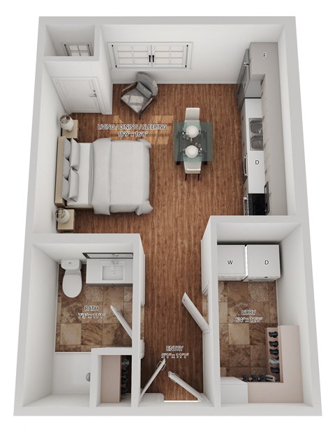 Floor plan for studio, 1 bath, 523 sqft