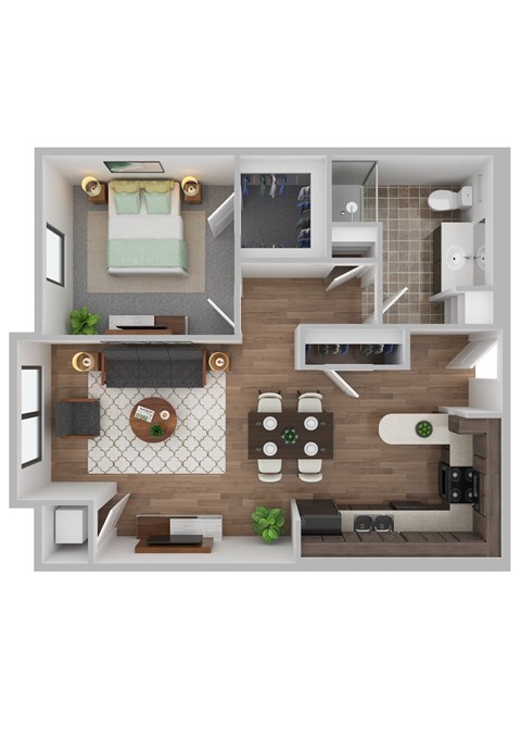 Floor plan for 1 bed, 1 bath, 597 sqft