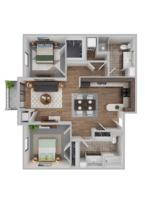Floor plan for 2 beds, 2 baths, 1042 sqft