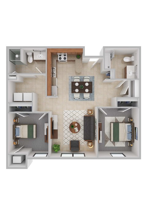 Floor plan for 2 beds, 2 baths, 897 sqft