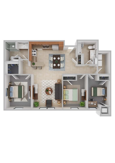 Floor plan for 3 beds, 2 baths, 1137 sqft