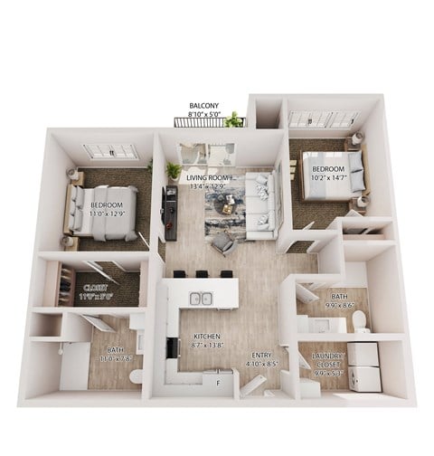 Floor plan for 2 beds, 2 baths, 1052 sqft