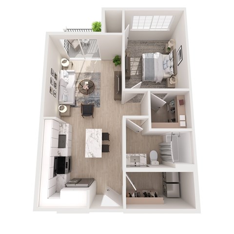 Floor plan for 1 bed, 1 bath, 755 sqft