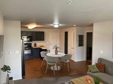 Rochester apartment for rent - an open living room and kitchen with a table and chairs