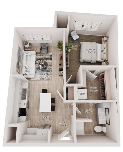 Floor plan for 1 bed, 1 bath, 713 sqft
