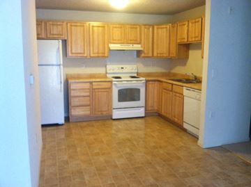 New Brighton apartment for rent - A kitchen with wooden cabinets and white appliances.