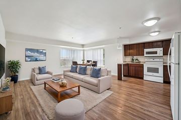 Rochester apartment for rent - A modern living room with a white couch and a wooden coffee table.