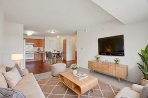 Forest Lake apartment for rent - A living room with a couch, coffee table, and television.