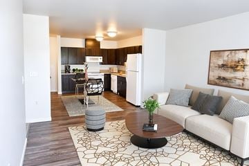 Mankato apartment for rent - A modern living room with a white couch and a coffee table.