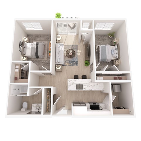 Floor plan for 2 beds, 1 bath, 973 sqft