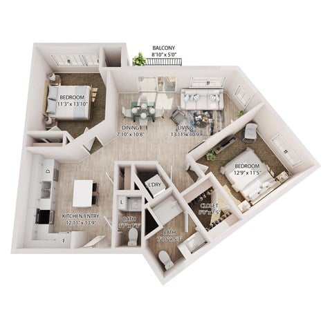 Floor plan for 2 beds, 1.5 baths, 1073 sqft