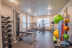 Faribault apartment for rent - A well-equipped gym with various exercise equipment and a row of dumbbells on the left.