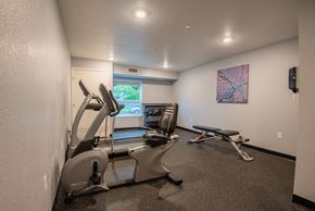 Saint Paul apartment for rent - A gym room with treadmills, exercise bikes, and a television.