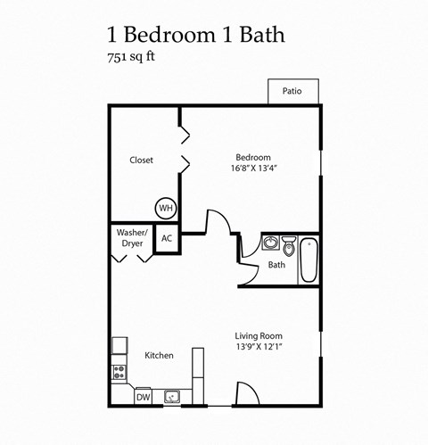Floor plan for 1 bed, 1 bath, 751 sqft