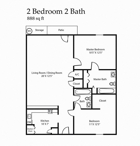 Floor plan for 2 beds, 2 baths, 888 sqft