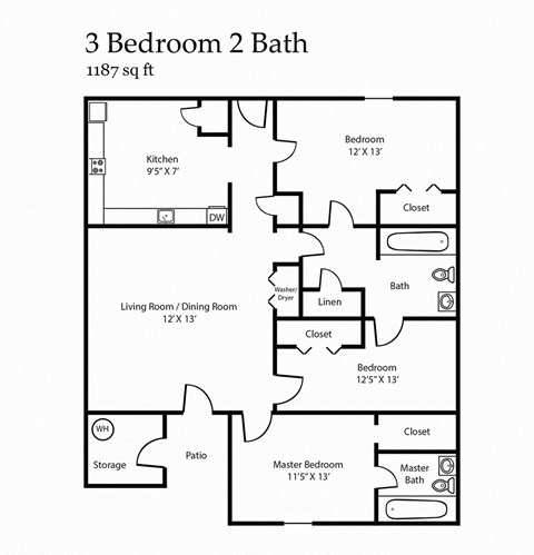 Floor plan for 3 beds, 2 baths, 1187 sqft