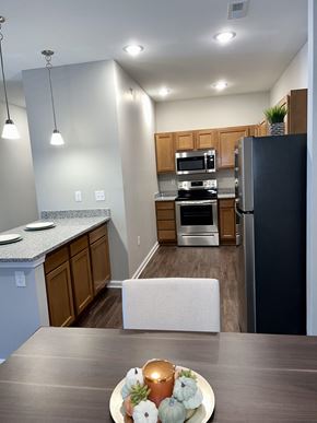 Simpsonville apartment for rent - the 2 bedroom kitchen with stainless steel appliances and model furniture