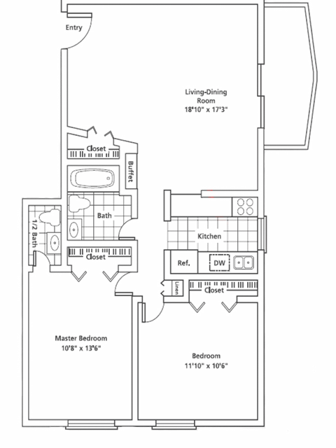 Floor plan for 2 beds, 1.5 baths, 880 sqft