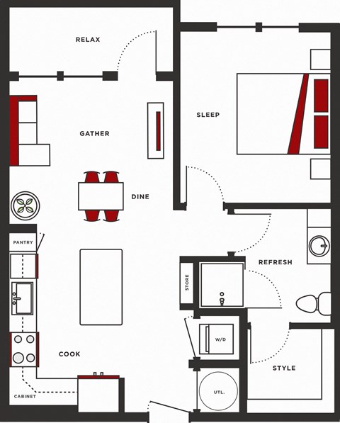 Floor plan for 1 bed, 1 bath, 718 sqft