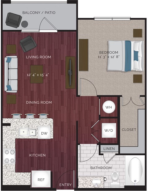 Floor plan for 1 bed, 1 bath, 685 sqft