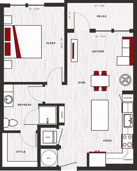 Floor plan for 1 bed, 1 bath, 732 sqft
