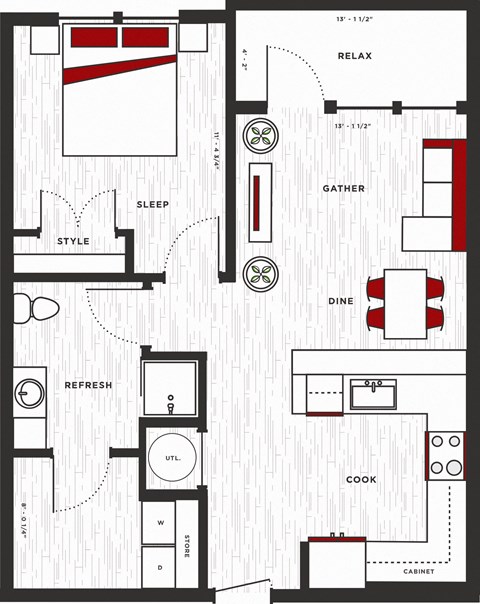 Floor plan for 1 bed, 1 bath, 732 sqft