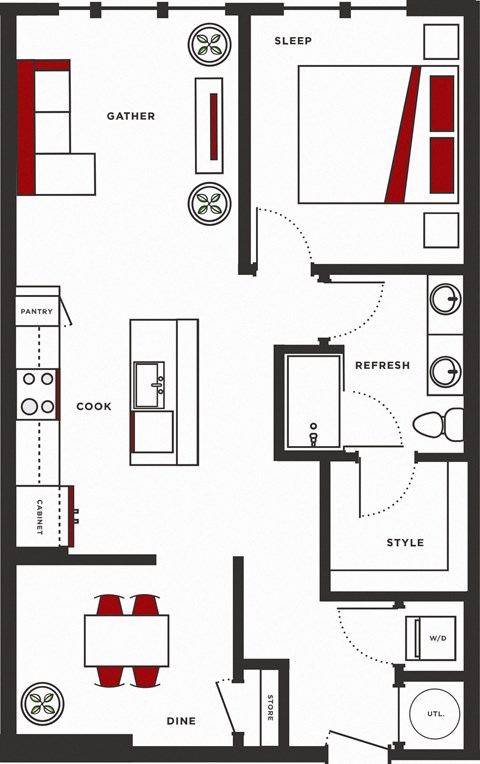Floor plan for 1 bed, 1 bath, 909 sqft