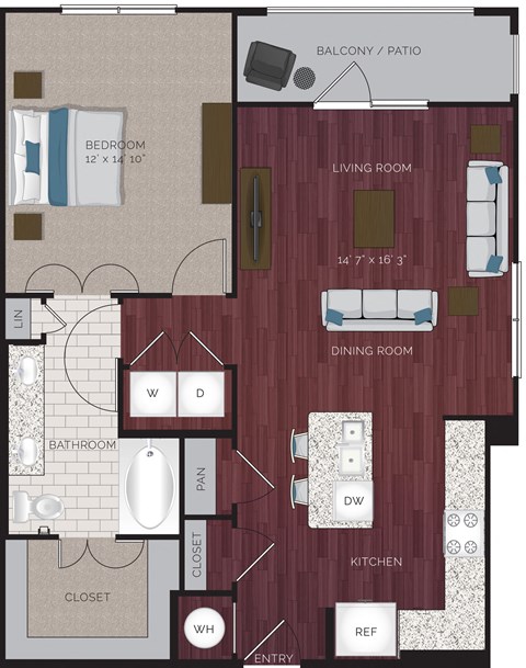 Floor plan for 1 bed, 1 bath, 868 sqft
