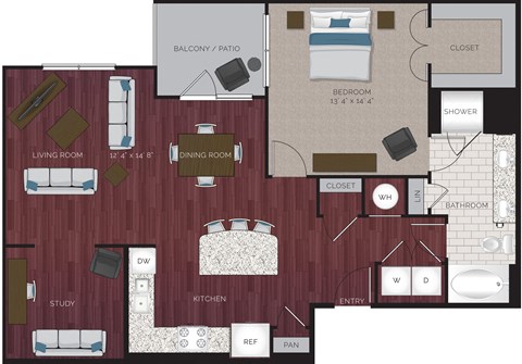 Floor plan for 1 bed, 1 bath, 1099 sqft