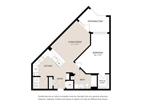 Floor plan for 1 bed, 1 bath, 723 sqft