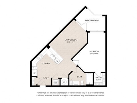 Floor plan for 1 bed, 1 bath, 723 sqft