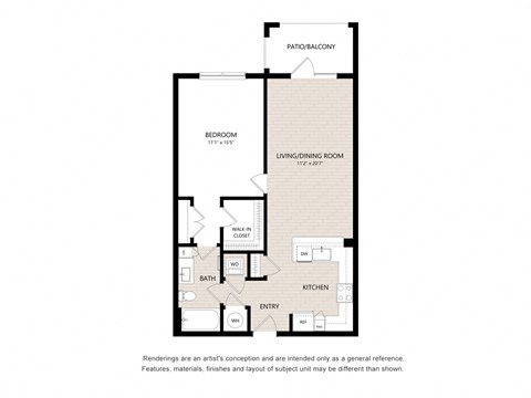 Floor plan for 1 bed, 1 bath, 797 sqft