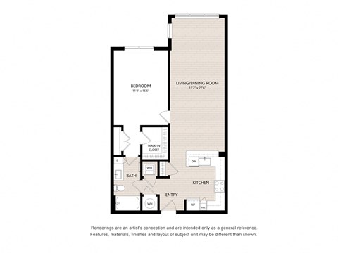 Floor plan for 1 bed, 1 bath, 880 sqft
