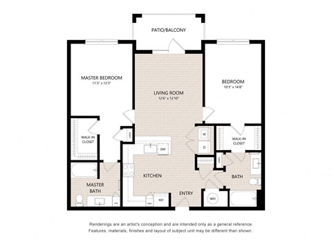 Floor plan for 2 beds, 2 baths, 1084 sqft