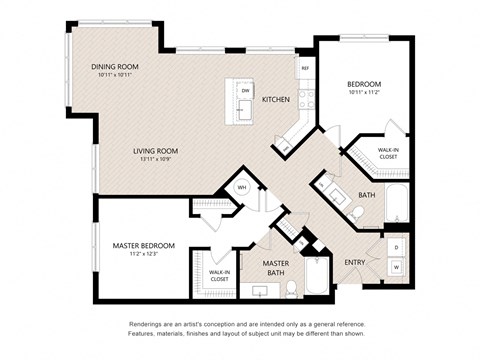 Floor plan for 2 beds, 2 baths, 1290 sqft