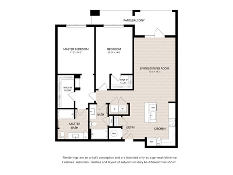 Floor plan for 2 beds, 2 baths, 1214 sqft