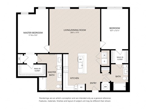 Floor plan for 2 beds, 2 baths, 1392 sqft