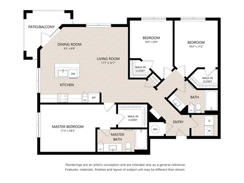 Floor plan for 3 beds, 2 baths, 1300 sqft