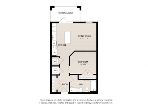 Floor plan for studio, 1 bath, 626 sqft