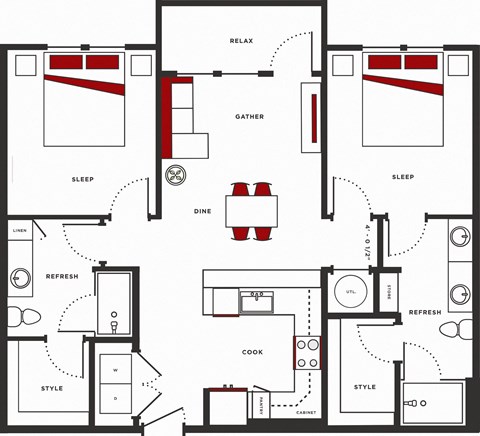 Floor plan for 2 beds, 2 baths, 1085 sqft