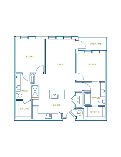 Floor plan for 2 beds, 2 baths, 1111 sqft