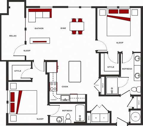 Floor plan for 2 beds, 2 baths, 1178 sqft