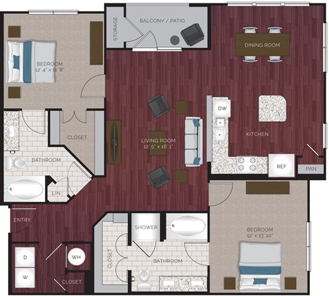 Floor plan for 2 beds, 2 baths, 1320 sqft