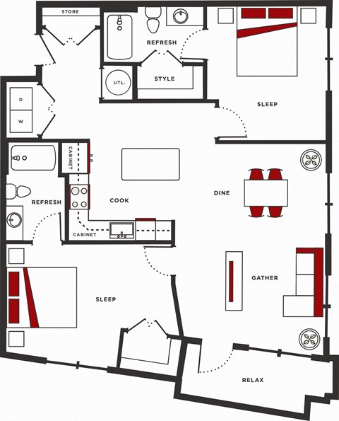 Floor plan for 2 beds, 2 baths, 1036 sqft
